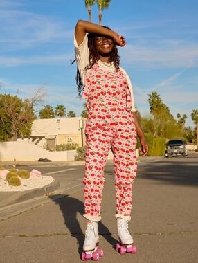 Lucy & Yak Pink Cherry-Print Ruffled Strap Jumpsuit